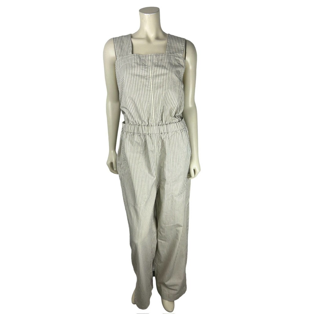 NEW Everlane Stripe Sleeveless Jumpsuit 10 Fatigue Apron Pockets Elastic Waist